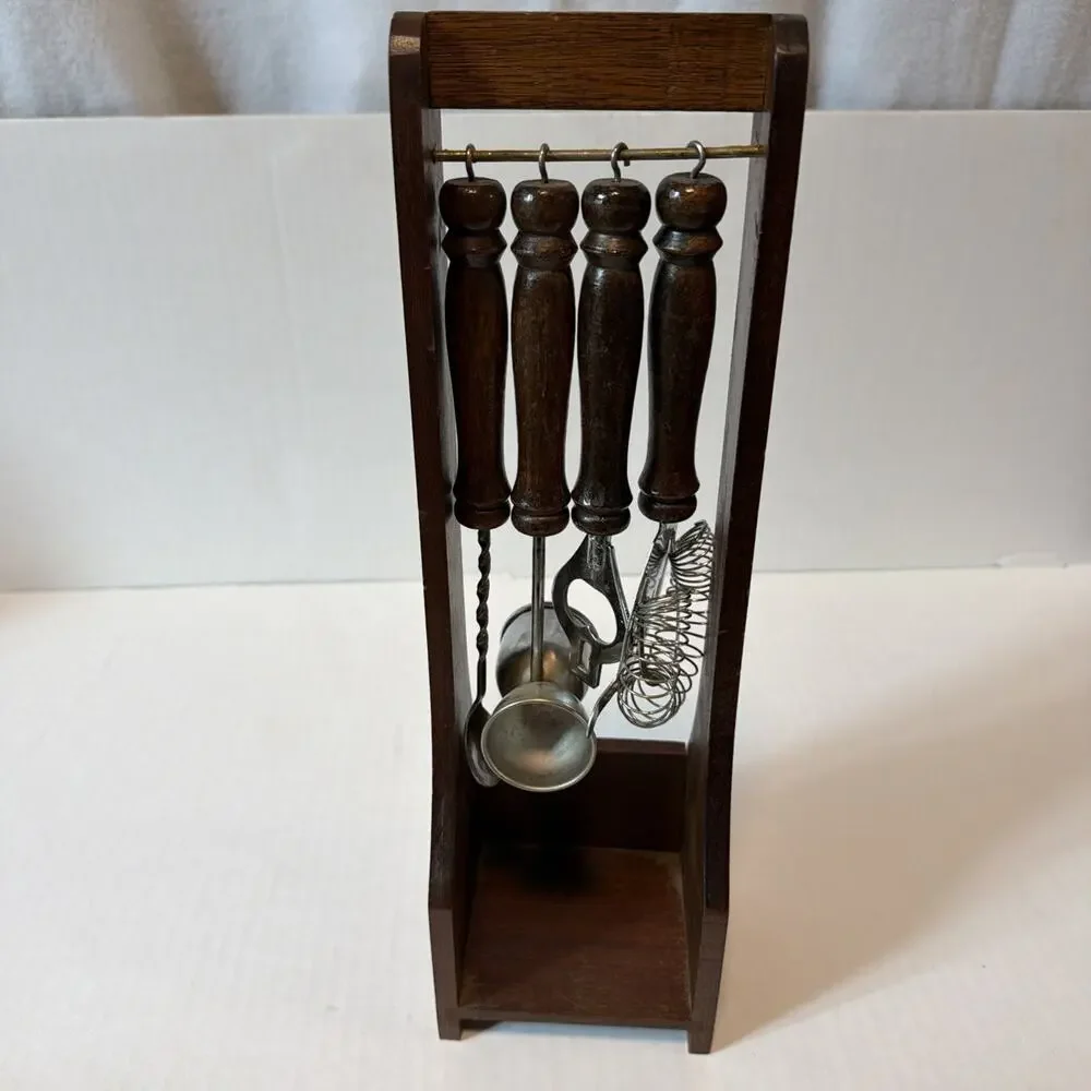 1970s Vintage Wooden Bar Tool Set